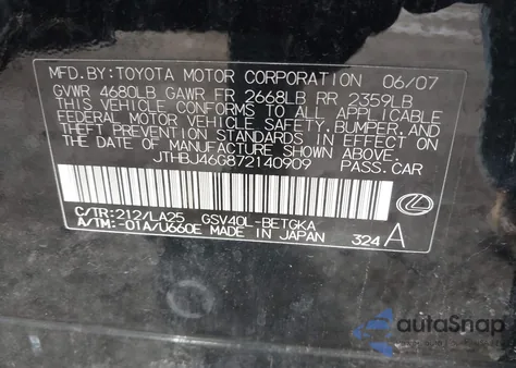 2007 Lexus Es 350 из США, поврежденный, VIN JTHBJ46G872140909